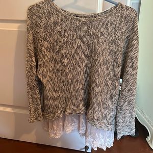 Beige grey and lace trimmed sweater